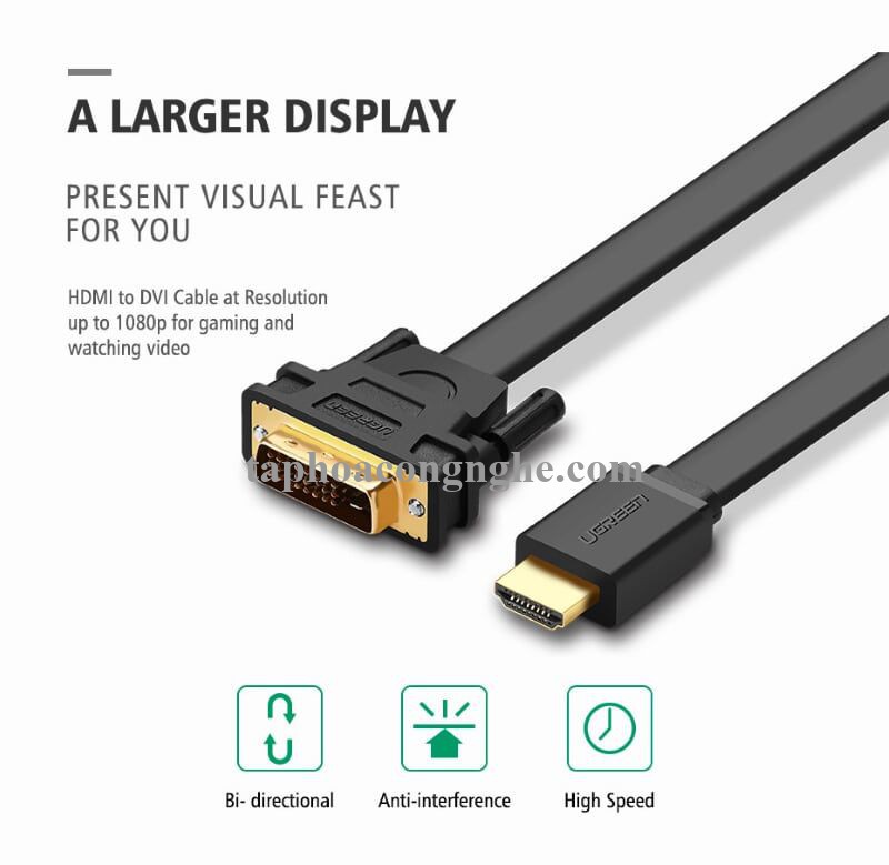 Ugreen 30138 5M màu Đen Cáp chuyển đổi HDMI sang DVI 24 + 1 thuần đồng cáp dẹt HD106 30030138